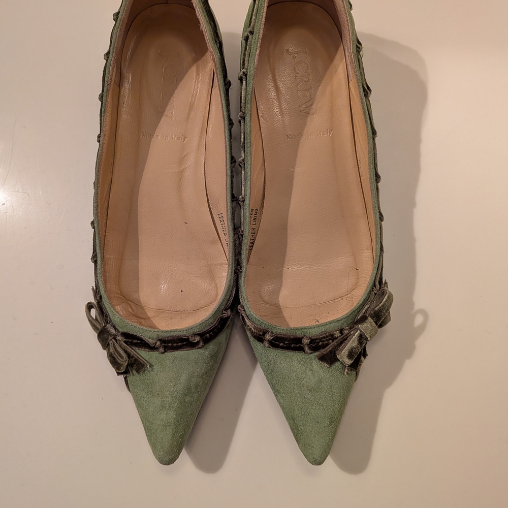 J CREW RARE Vintage Green Suede Flats with Velvet Bow | US 6